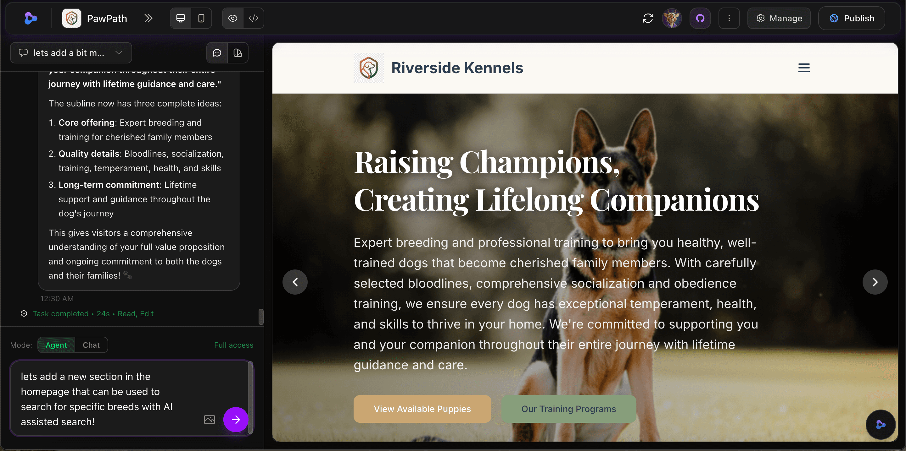 A completed website built with Zylo from a simple description
